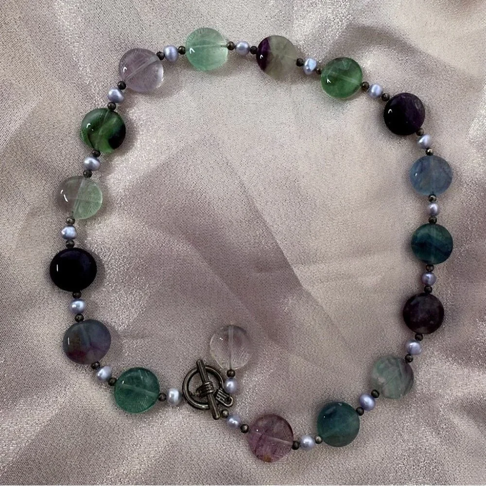 Fluorite necklace toggle beaded purple green blue crystal geode rock luxe